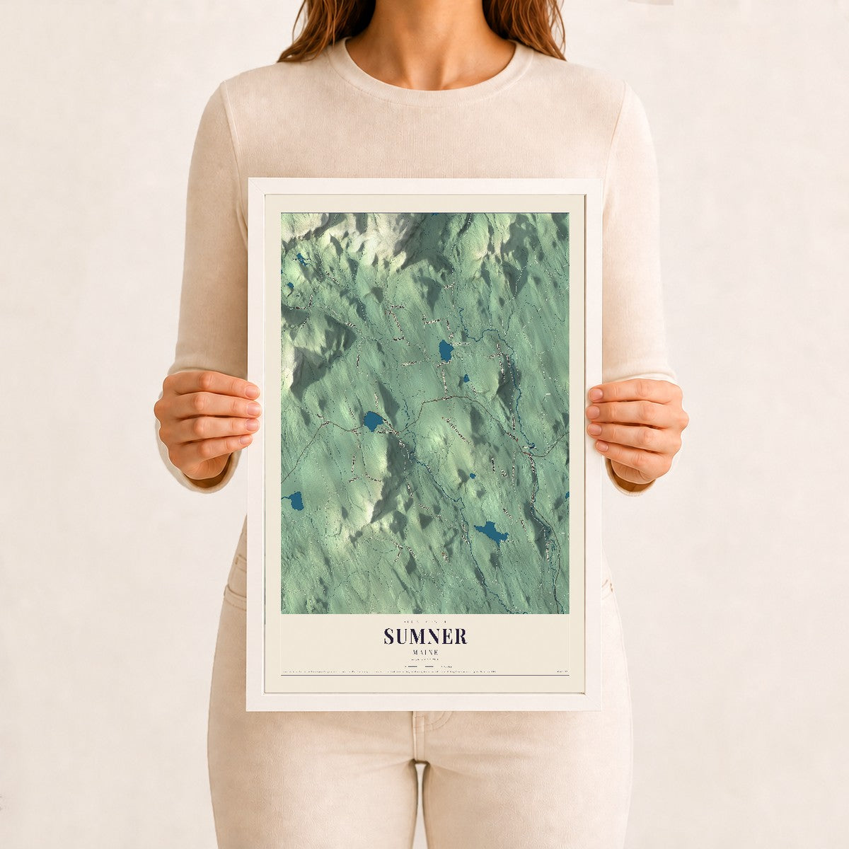 Sumner, Maine map print - 12 x 18 white Ayous wood frame