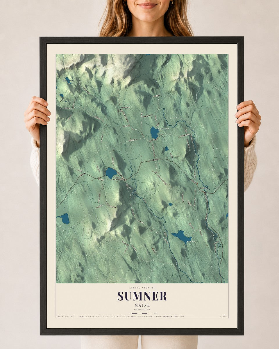 Sumner, Maine map print - 24 x 36 black Ayous wood frame