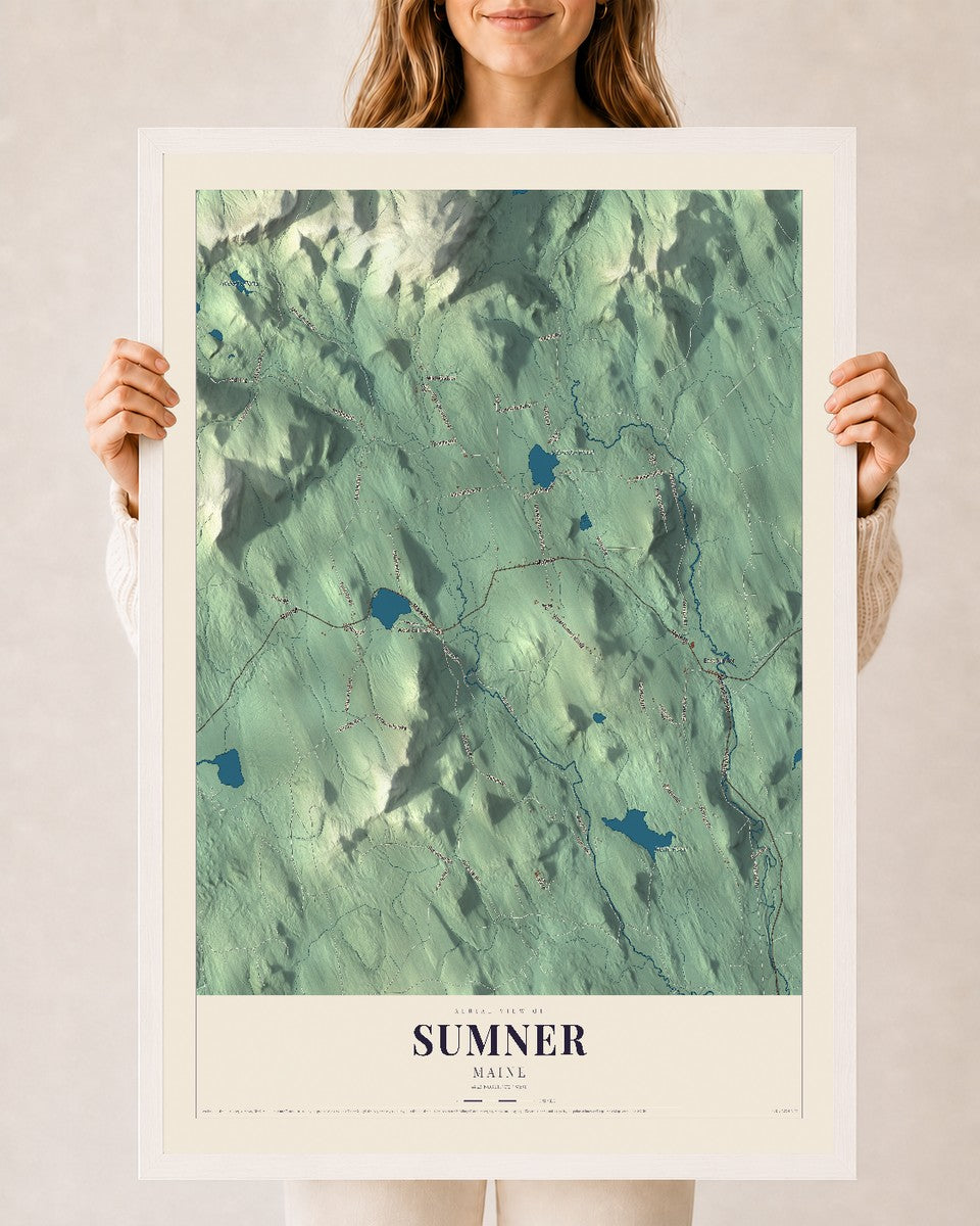 Sumner, Maine map print - 24 x 36 white Ayous wood frame