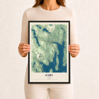Surry, Maine map print - 12 x 18 black Ayous wood frame