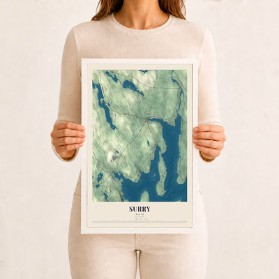 Surry, Maine map print - 12 x 18 white Ayous wood frame