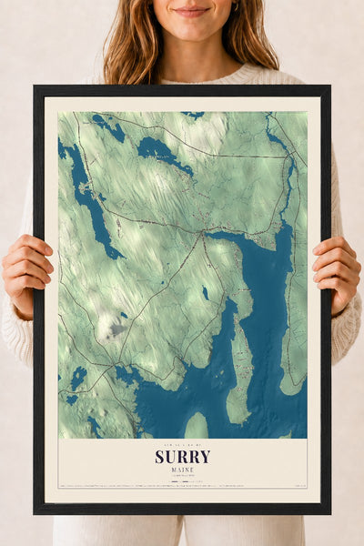 Surry, Maine map print - 18 x 24 black Ayous wood frame