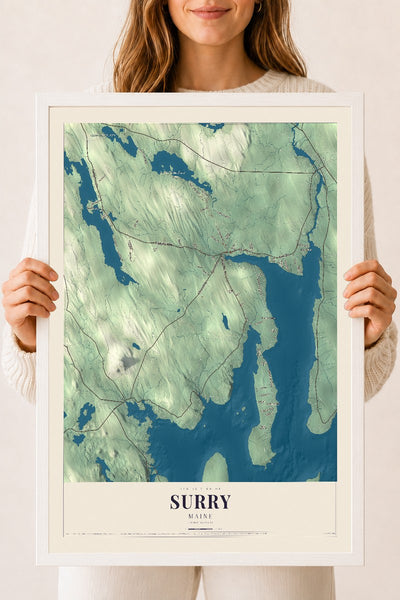 Surry, Maine map print - 18 x 24 white Ayous wood frame