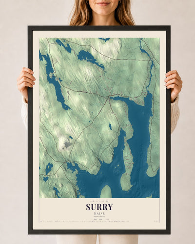 Surry, Maine map print - 24 x 36 black Ayous wood frame