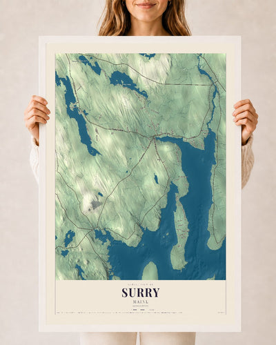 Surry, Maine map print - 24 x 36 white Ayous wood frame