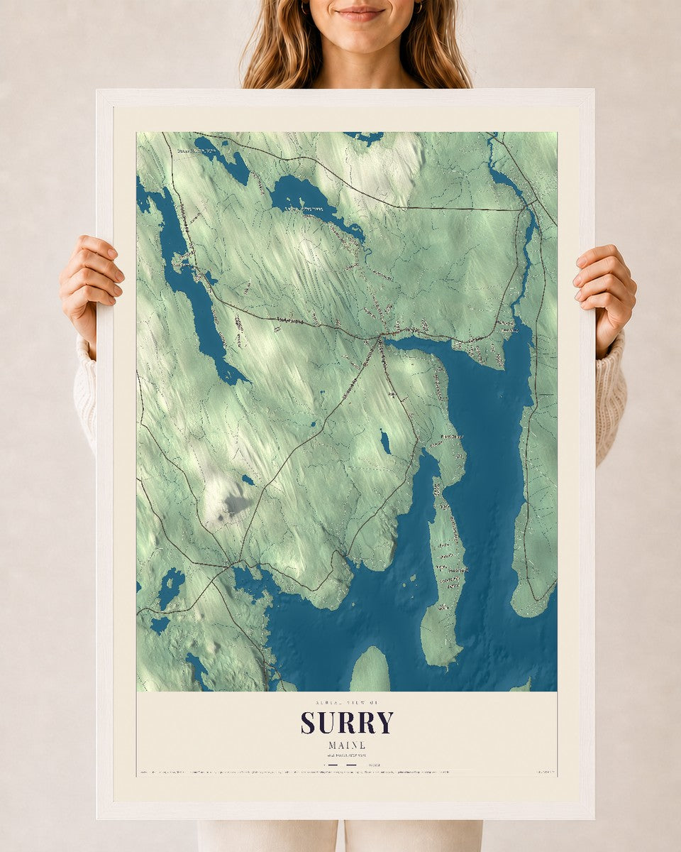 Surry, Maine map print - 24 x 36 white Ayous wood frame