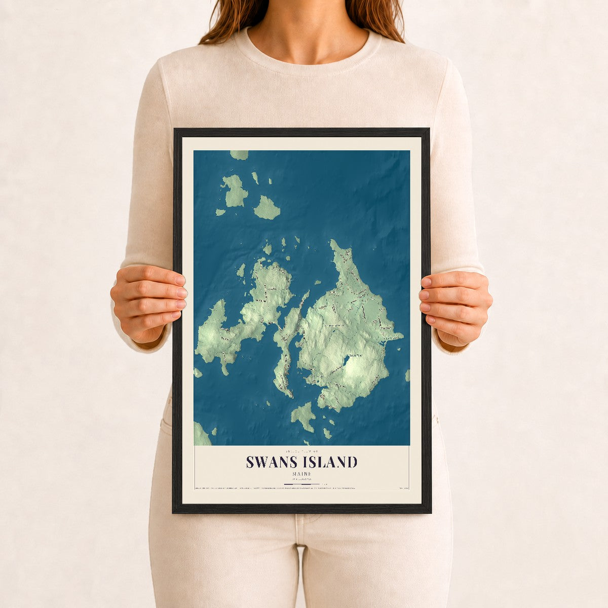 Swans Island, Maine map print - 12 x 18 black Ayous wood frame