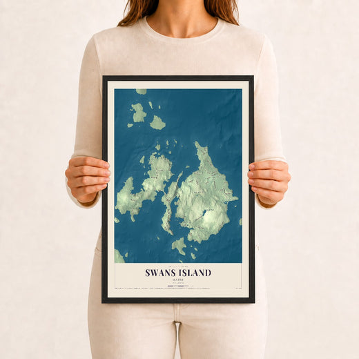 Map of Swans Island, Maine, 12 x 18 inch print in a black wood frame