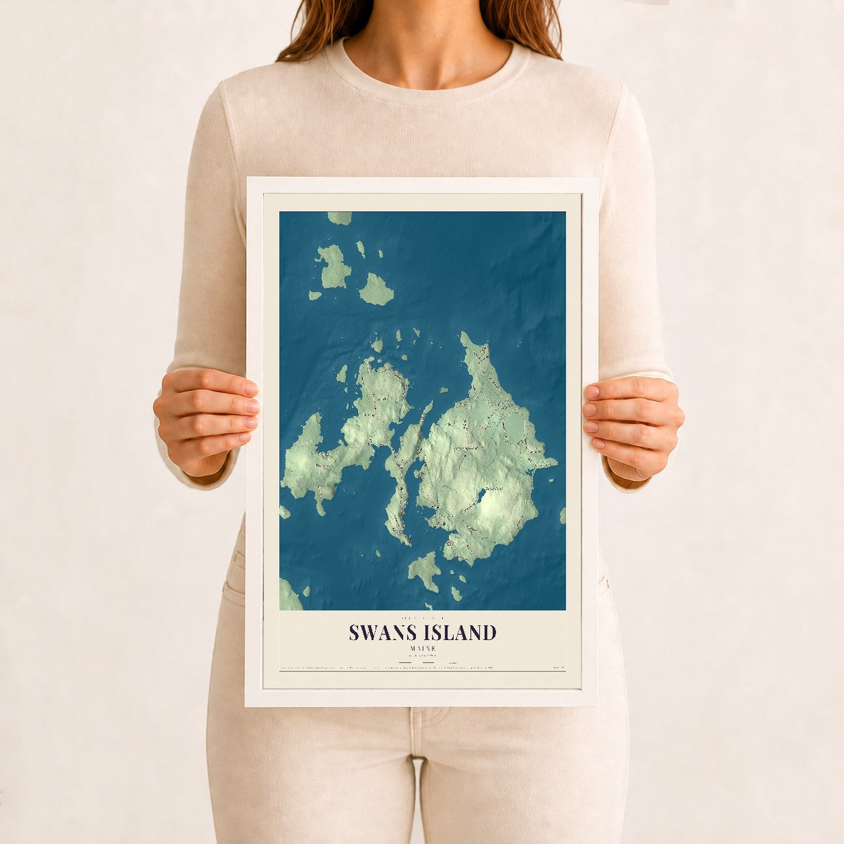 Swans Island, Maine map print - 12 x 18 white Ayous wood frame