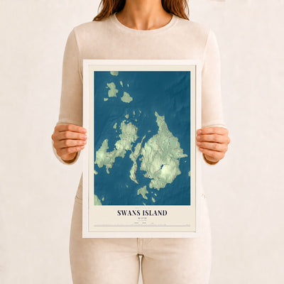 Swans Island, Maine map print - 12 x 18 white Ayous wood frame