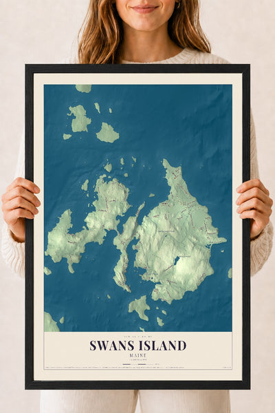 Swans Island, Maine map print - 18 x 24 black Ayous wood frame