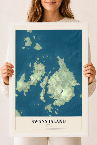 Swans Island, Maine map print - 18 x 24 white Ayous wood frame