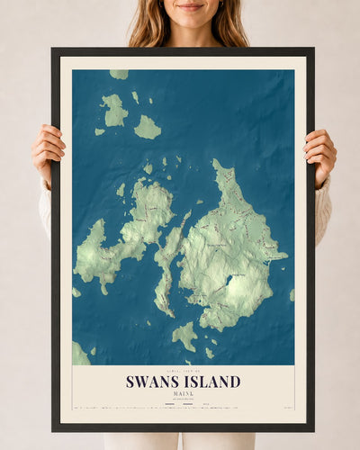Swans Island, Maine map print - 24 x 36 black Ayous wood frame