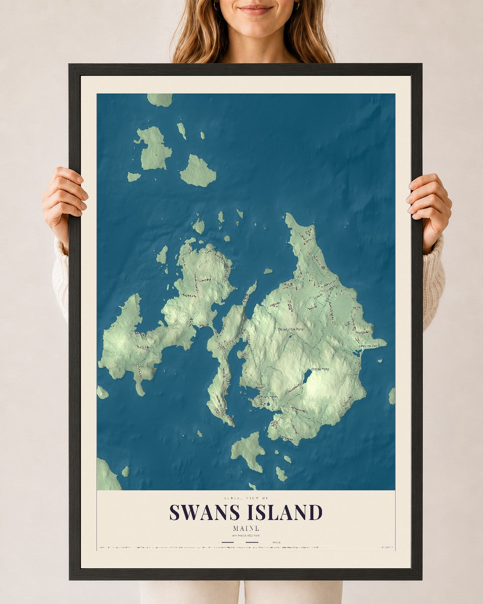 Swans Island, Maine map print - 24 x 36 black Ayous wood frame