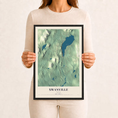 Swanville, Maine map print - 12 x 18 black Ayous wood frame