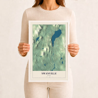 Swanville, Maine map print - 12 x 18 white Ayous wood frame