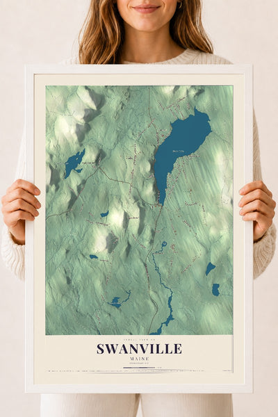 Swanville, Maine map print - 18 x 24 white Ayous wood frame