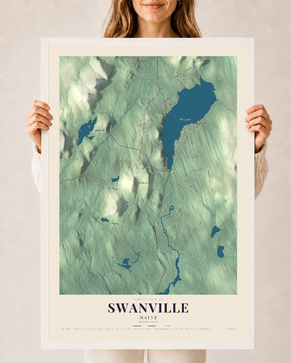 Swanville, Maine map print - 24 x 36 white Ayous wood frame