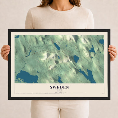 Sweden, Maine map print - 12 x 18 black Ayous wood frame