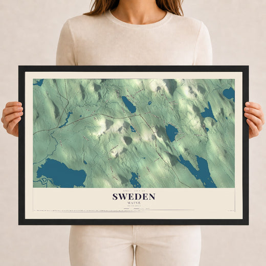 Map of Sweden, Maine, 12 x 18 inch print in a black wood frame