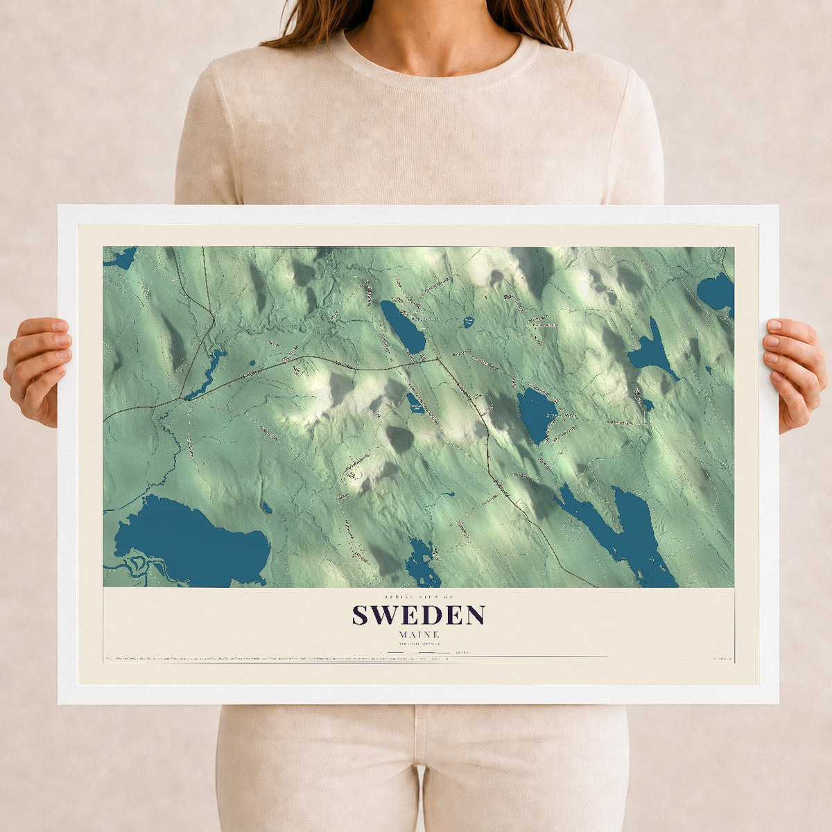 Sweden, Maine map print - 12 x 18 white Ayous wood frame