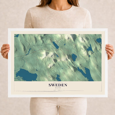 Sweden, Maine map print - 12 x 18 white Ayous wood frame