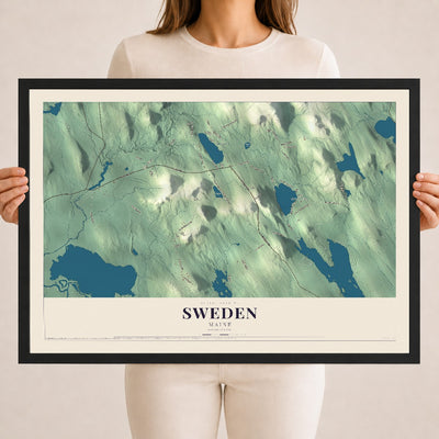 Sweden, Maine map print - 18 x 24 black Ayous wood frame