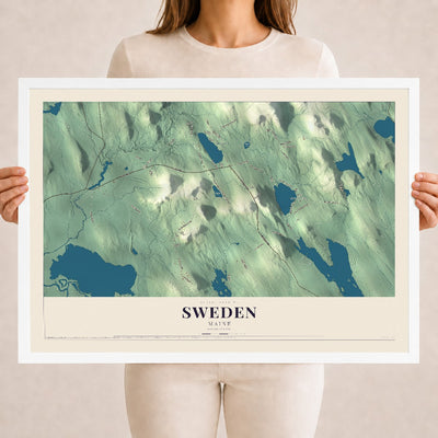 Sweden, Maine map print - 18 x 24 white Ayous wood frame