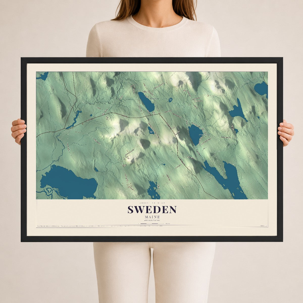 Sweden, Maine map print - 24 x 36 black Ayous wood frame