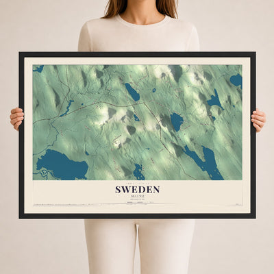 Sweden, Maine map print - 24 x 36 black Ayous wood frame