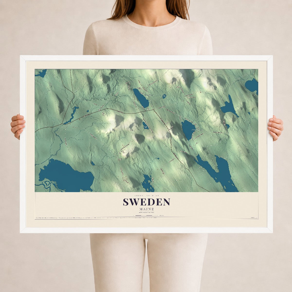 Sweden, Maine map print - 24 x 36 white Ayous wood frame