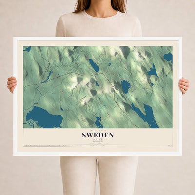 Sweden, Maine map print - 24 x 36 white Ayous wood frame