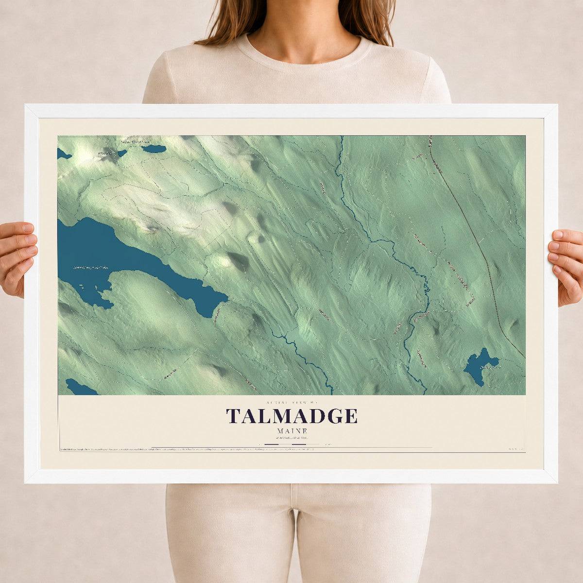 Talmadge, Maine map print - 18 x 24 white Ayous wood frame