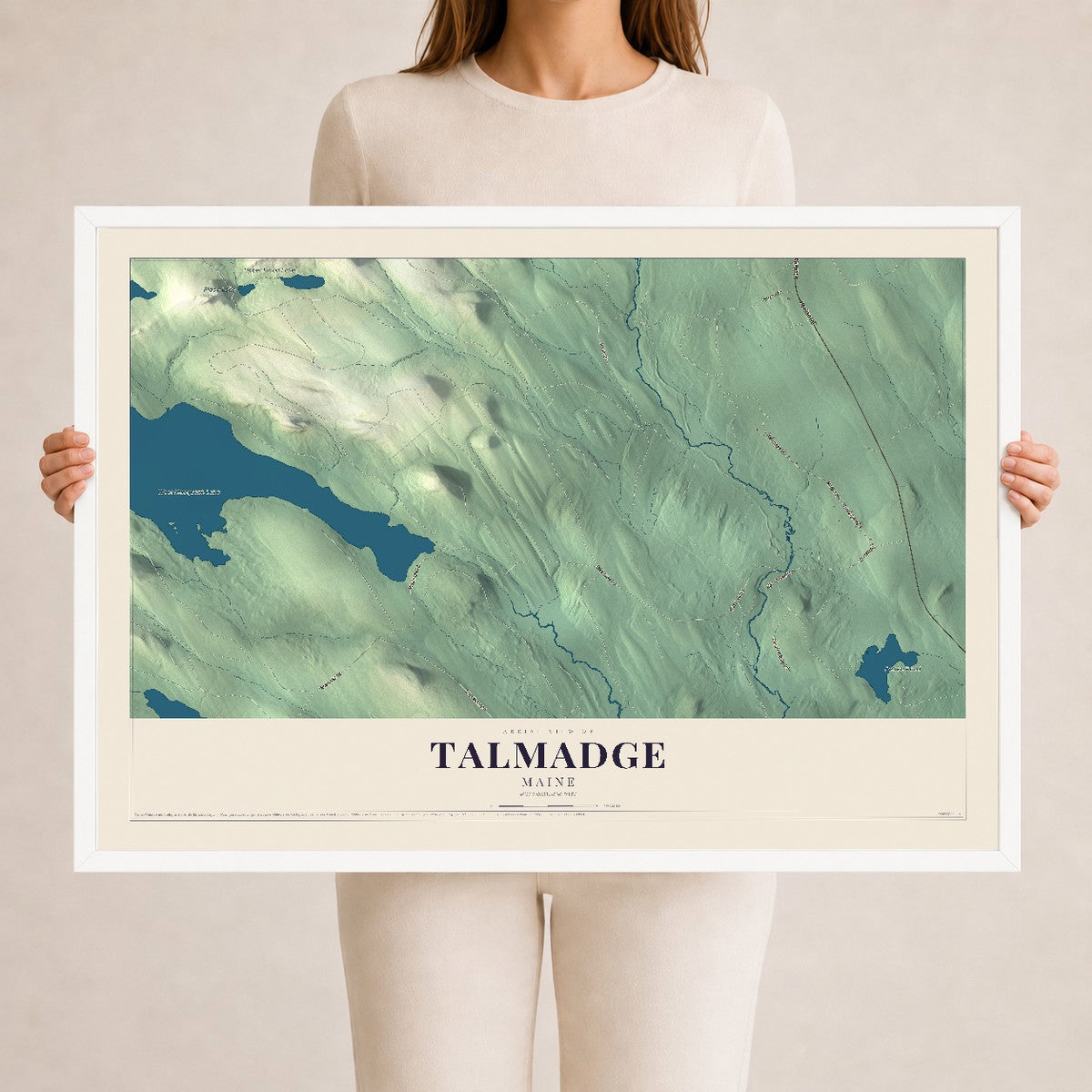 Talmadge, Maine map print - 24 x 36 white Ayous wood frame