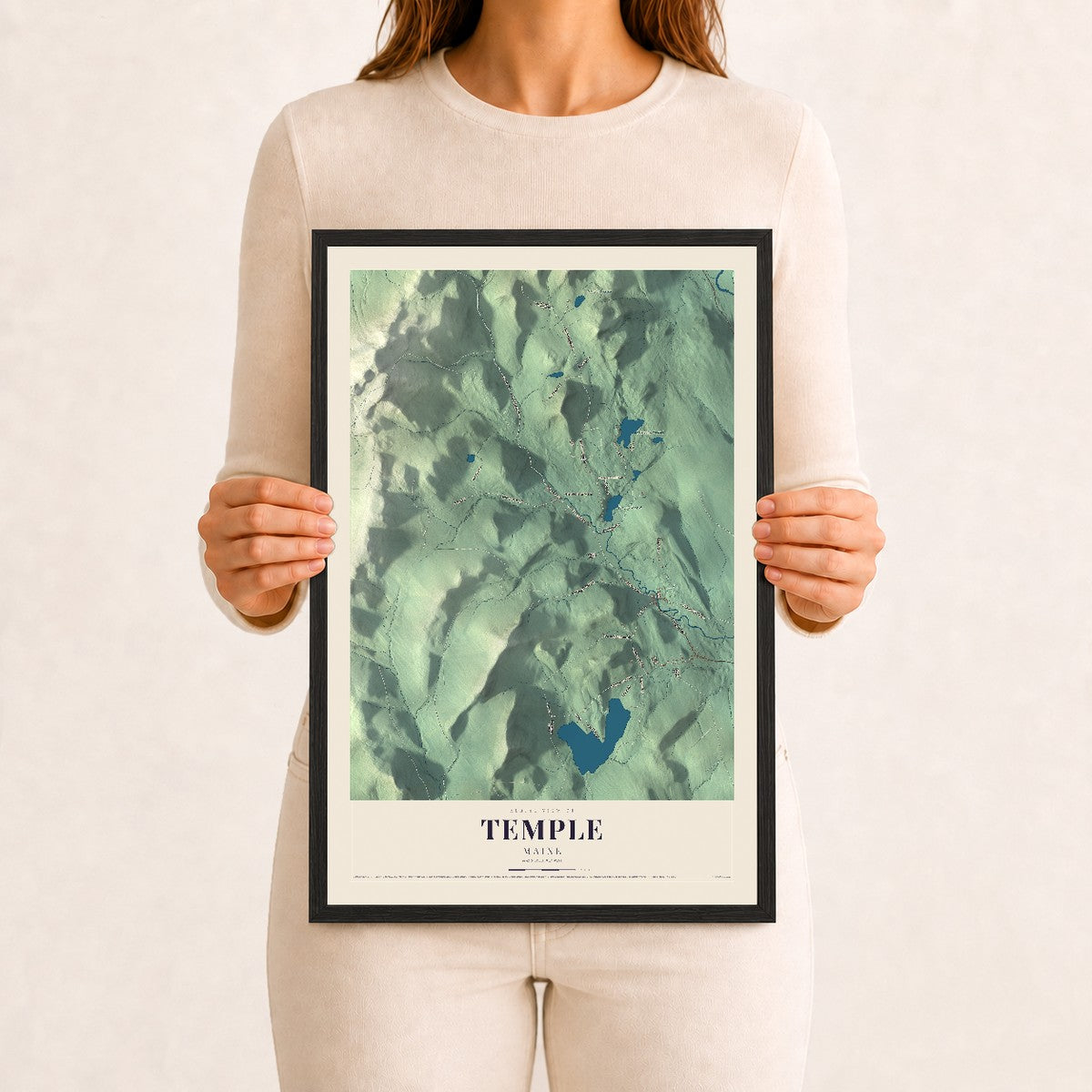 Temple, Maine map print - 12 x 18 black Ayous wood frame