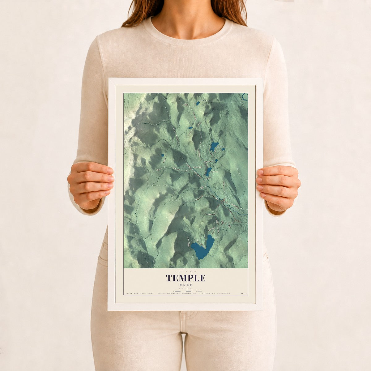 Temple, Maine map print - 12 x 18 white Ayous wood frame