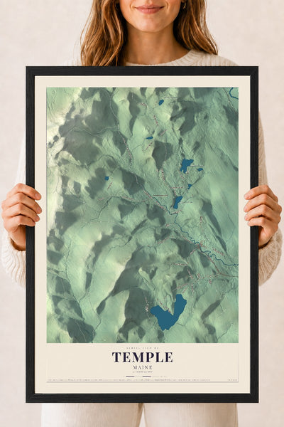 Temple, Maine map print - 18 x 24 black Ayous wood frame
