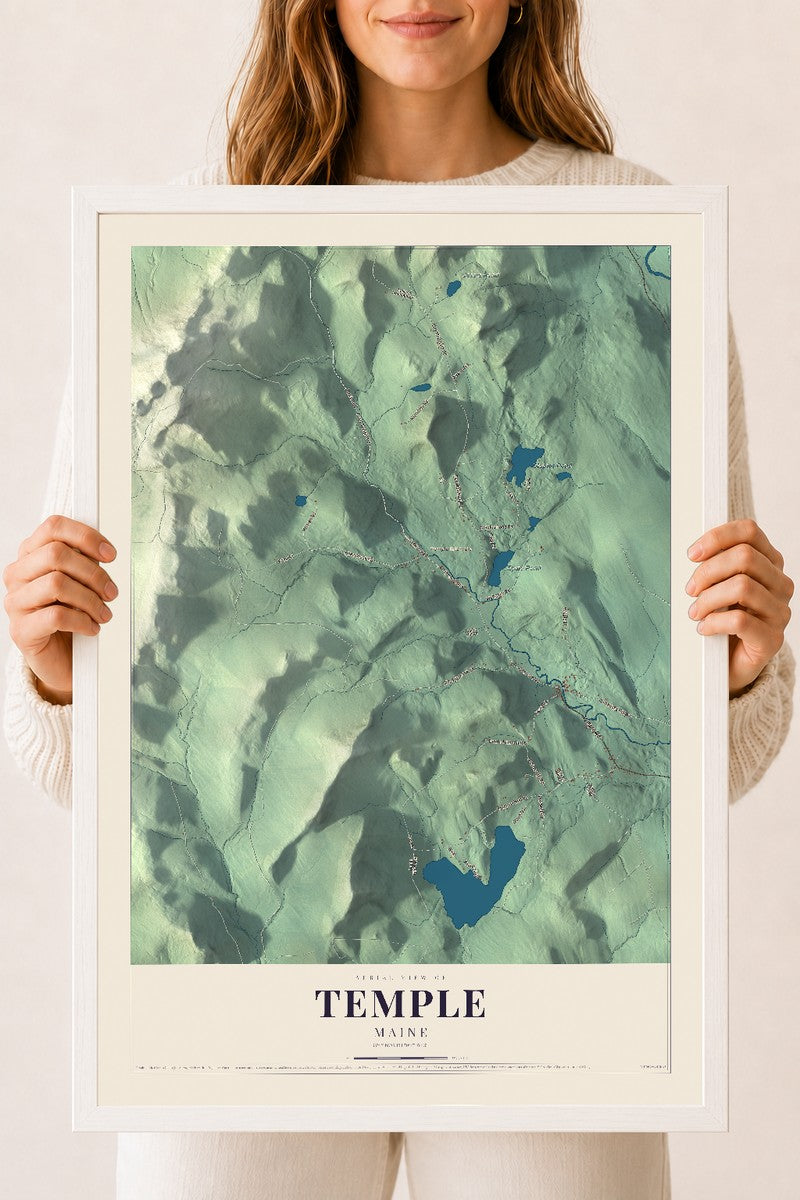 Temple, Maine map print - 18 x 24 white Ayous wood frame