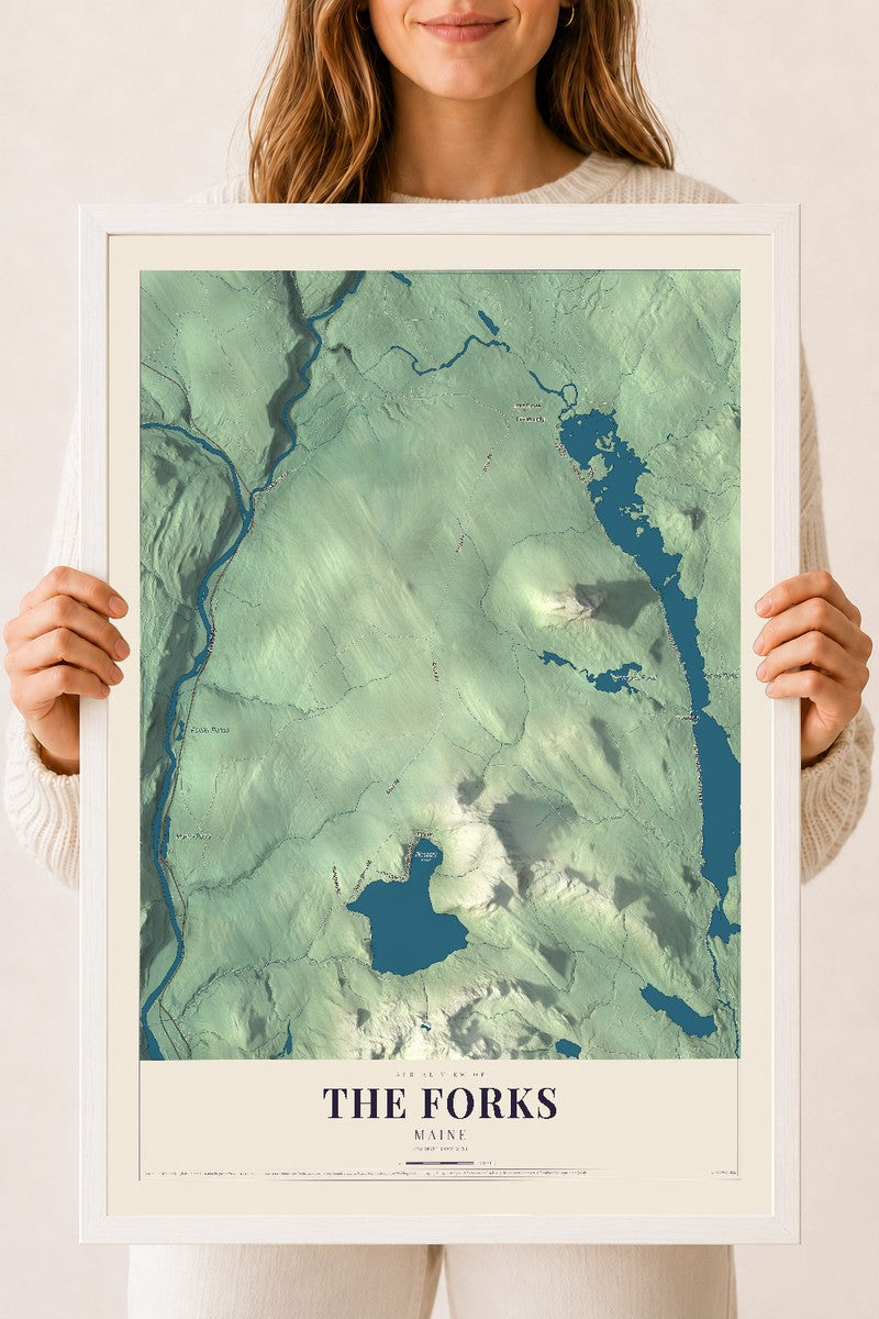 The Forks, Maine map print - 18 x 24 white Ayous wood frame