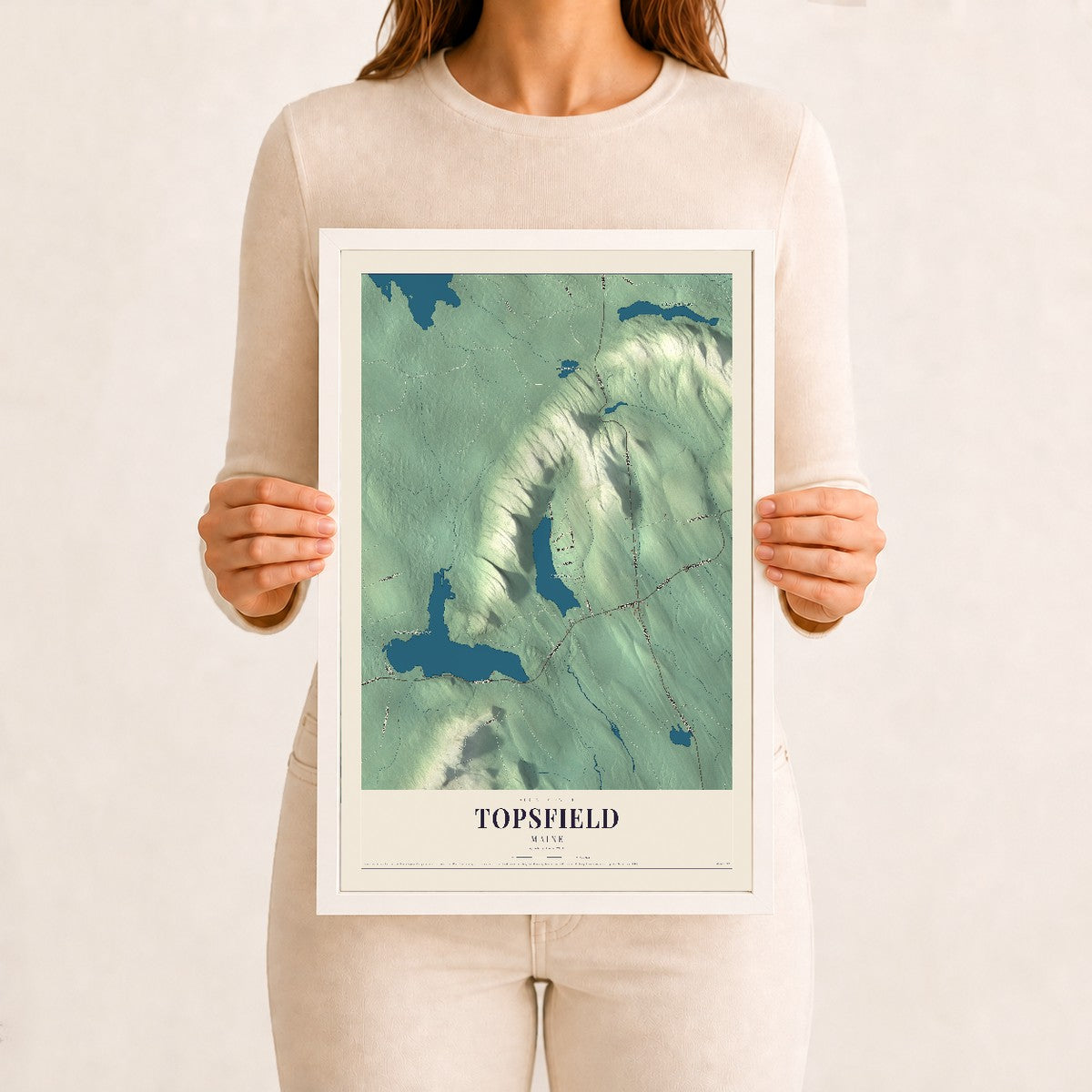 Topsfield, Maine map print - 12 x 18 white Ayous wood frame