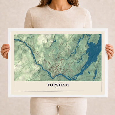Topsham, Maine map print - 12 x 18 white Ayous wood frame