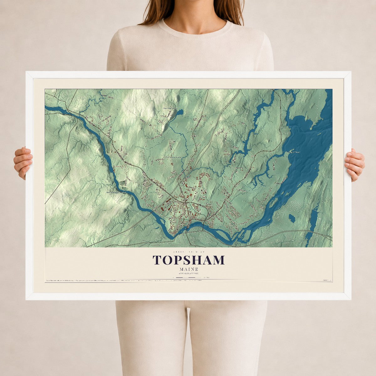 Topsham, Maine map print - 24 x 36 white Ayous wood frame