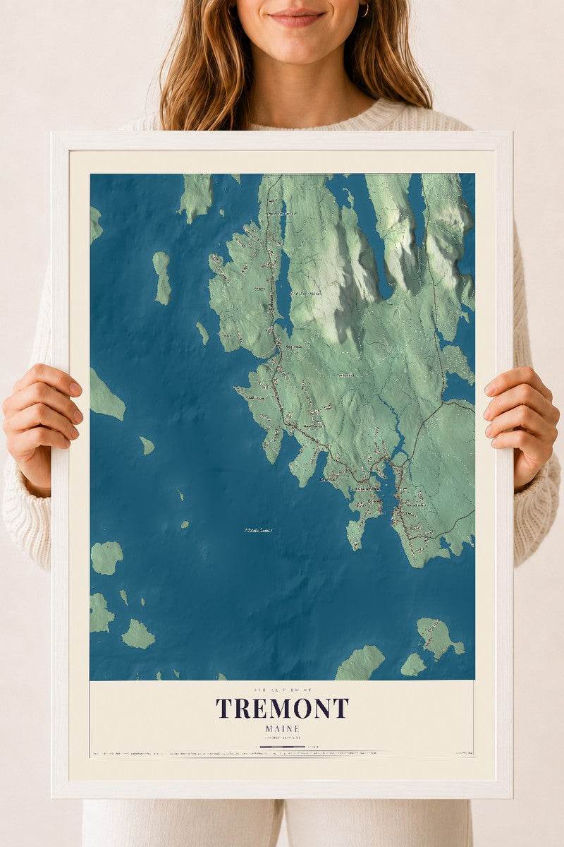 Tremont, Maine map print - 18 x 24 white Ayous wood frame