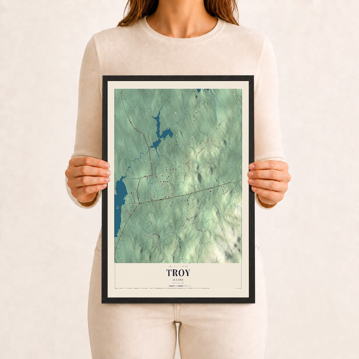 Troy, Maine map print - 12 x 18 black Ayous wood frame