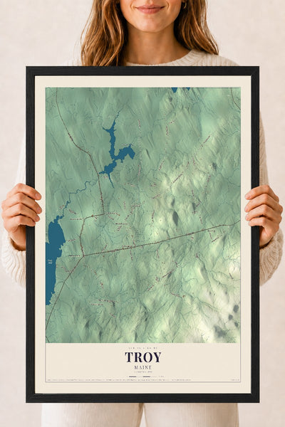 Troy, Maine map print - 18 x 24 black Ayous wood frame