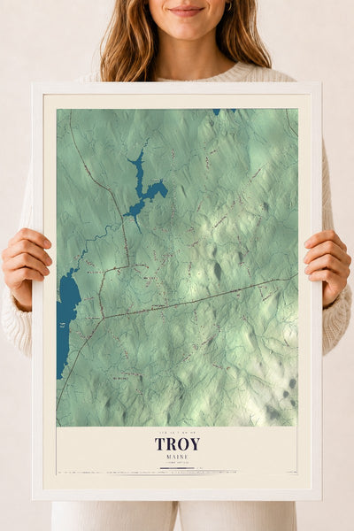Troy, Maine map print - 18 x 24 white Ayous wood frame