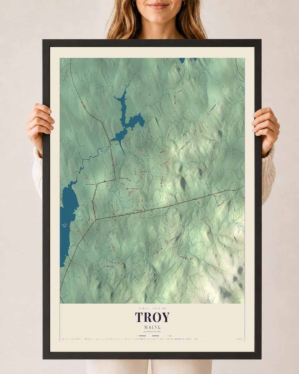 Troy, Maine map print - 24 x 36 black Ayous wood frame