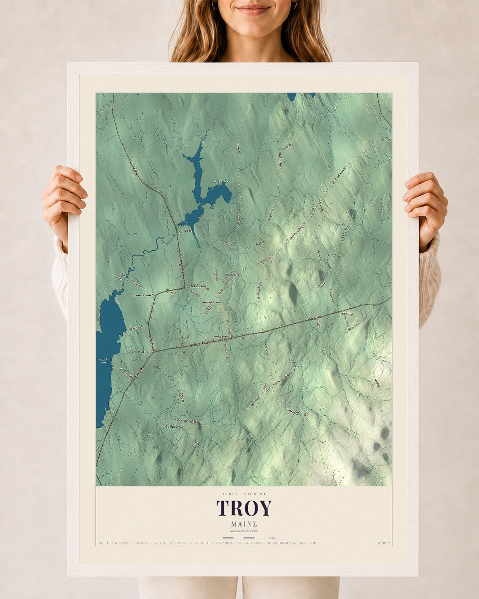Troy, Maine map print - 24 x 36 white Ayous wood frame