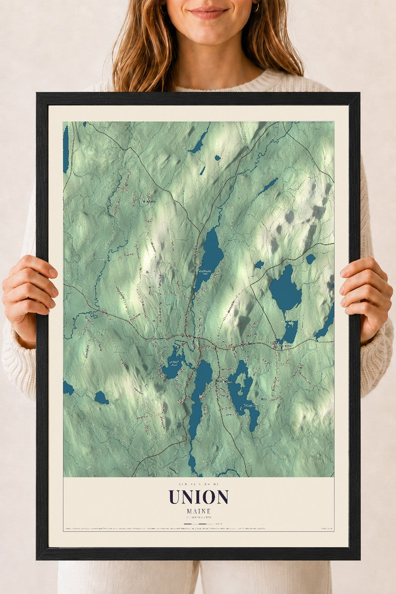 Union, Maine map print - 18 x 24 black Ayous wood frame