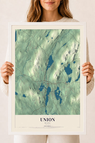 Union, Maine map print - 18 x 24 white Ayous wood frame